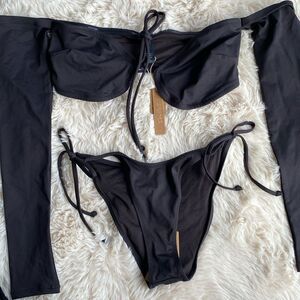 Skims Black Long Sleeve Off Shoulder Bikini Swim Suite Set Medium